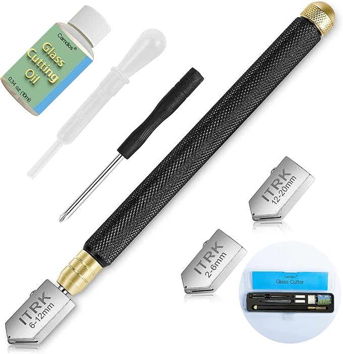 Glass Cutter 2mm-20mm, Upgrade Glass Cutting Tool with Glass Cutting Oil, Pencil Style Oil Feed Carbide Tip Glass Cutter for Mirror/Tiles/Mosaic.