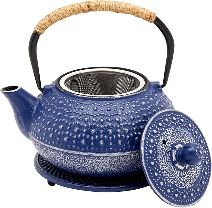 Juvale Cast Iron Teapot with Infuser - Blue, 27 oz (800 mL) - Stovetop Tea Kettle for Loose Leaf Tea - Includes Stainless Steel Infuser & Trivet