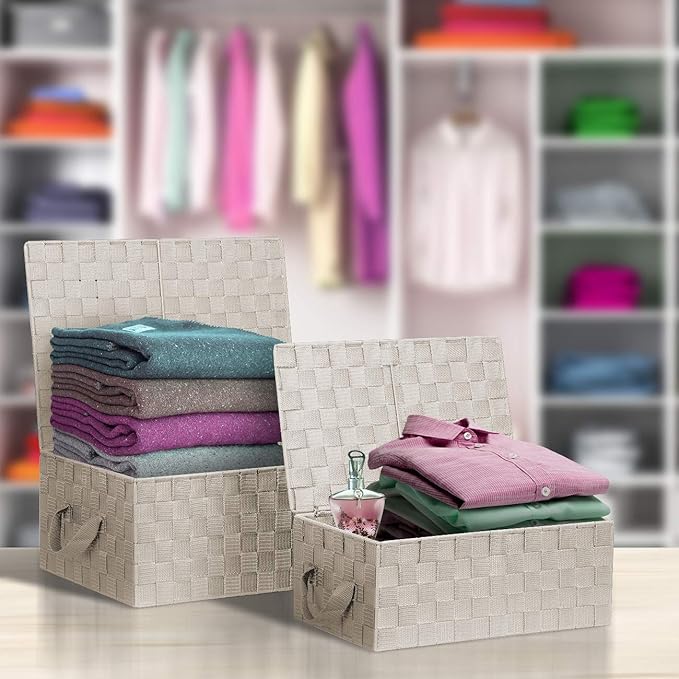 Sorbus Set of 3 Storage Baskets for Organizing with Lid, Mesh Hand-Woven Design, Linen Closet Organizers and Storage, Organizer Storage Baskets for Shelves, Variety Pack Organizers and Storage (Beige)
