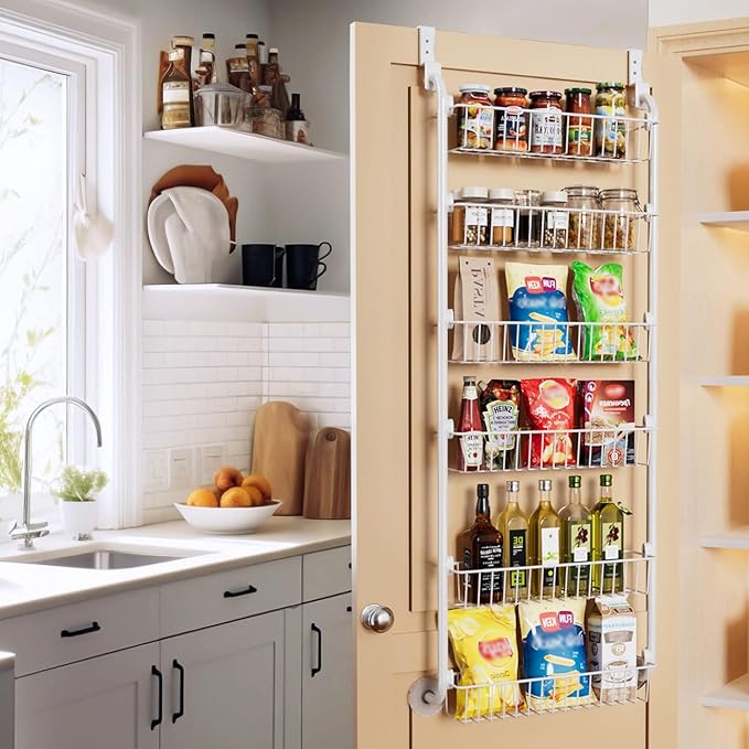 Delamu Over the Door Pantry Organizer, 6-Tier Pantry Organizers and Storage, Metal Cabinet Door Organizer, Hanging Spice Rack Shelves for Home & Kitchen, D5 x W18 x H50 inch, White