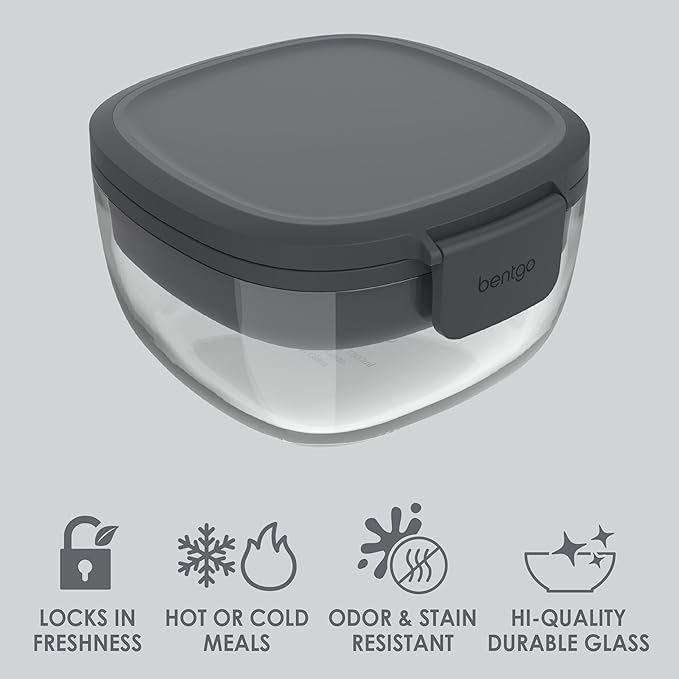 Bentgo Glass All-in-One Salad Container - Large 61-oz Salad Bowl with Lid, 4-Compartment Bento-Style Tray, 3-oz Sauce Container, and Reusable Fork - Dishwasher, Microwave, and Oven Safe (Dark Gray)