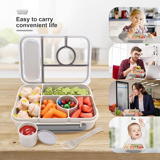 Bento Box Adult Lunch Box Kids,Lunch Containers for Adults/Kids/Toddler,5 Compartments Bento Lunch Box with Sauce Vontainers,Microwave & Dishwasher & Freezer Safe,BPA-Free(White)