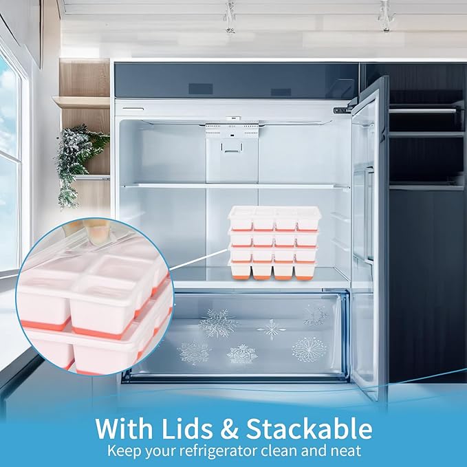 Large Ice Cube Trays with Lid, Jrisbo 2 Pack Stackable Silicone Ice Cube Molds for Freezer, Easy Release 16 Big Square Ice Trays for Whisky Cocktails (Orange)