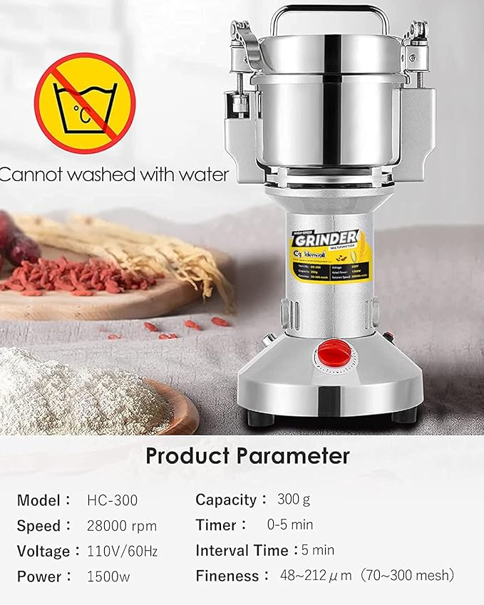 CGOLDENWALL Safety Upgraded Electric Grain Grinder Mill High-speed Dry Spice Herb Mill Grinding Machine with 1500W Commercial Motor Overload Protection CE 110V (300g Hand-held Type)