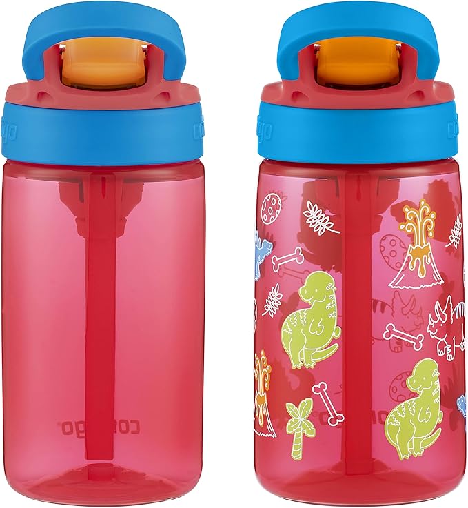 Contigo Aubrey Kids Water Bottle, 2-Pack, 14oz, Watermelon & Dinos, Spill-Proof Lid, Dishwasher Safe, BPA Free, Red and Blue