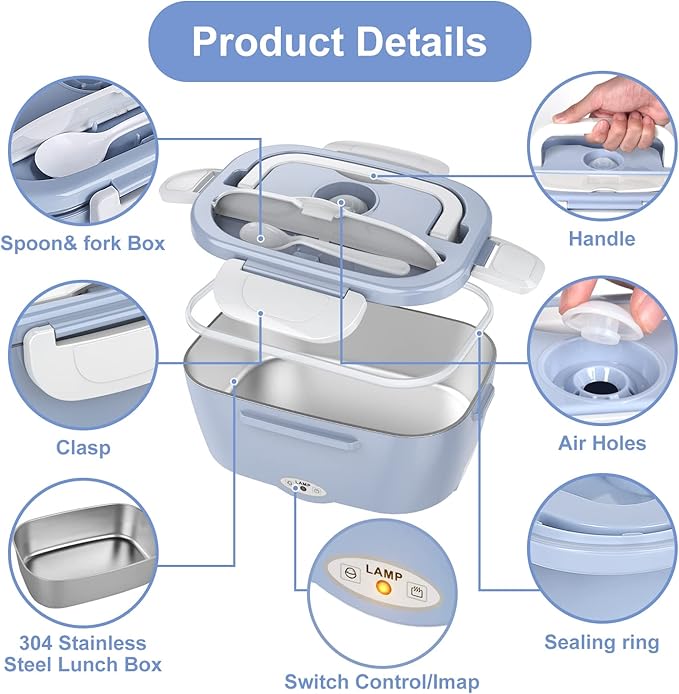 Electric Lunch Box Food Heater, 3 in 1 Ultra Quick Heated Lunch Boxes for Adults, 12V/24V/110V Portable Food Warmer for Car/Truck/Office With Fork Spoon and Insulated Carry Bag