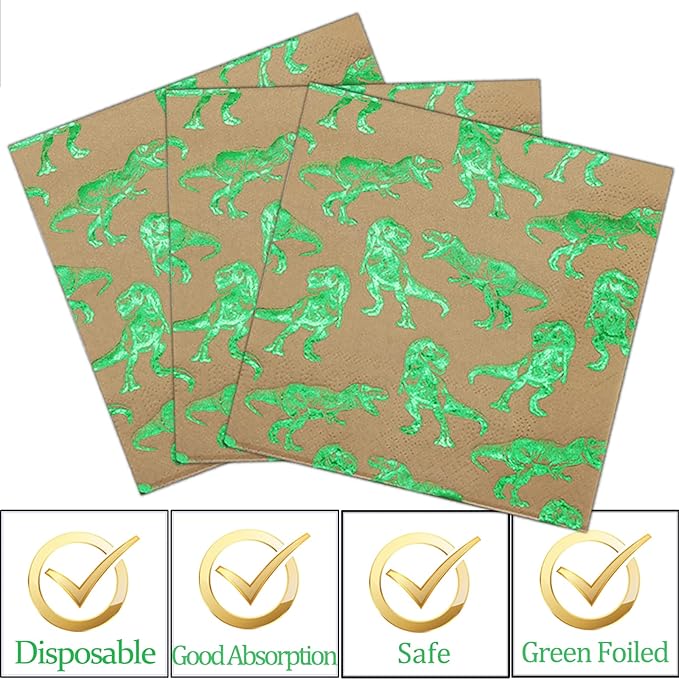 DYLIVeS Green Foil Dinosaur Birthday Party Decorations, Rawr Dinosaur Disposable Tableware Set with 9'' Dinner Plates, Napkins, Cups, Forks - Serves 24