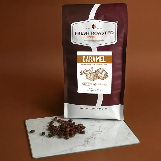 Fresh Roasted Coffee, Decaf Caramel Flavored Coffee, 2 lb (32 oz), Medium Roast, Kosher, Whole Bean