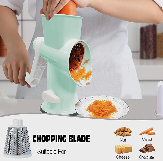 Cheese Grater MultiFunction Rotary Cheese Grater Hand Crank – Cheese Shredder Effortlessly Shred,Slice,Chop.Applicable to Cheese, Vegetables,Fruits,Nuts,Non-Slip Suction Base,Easy to Clean (green)