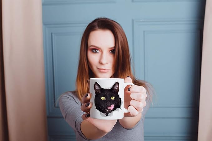 Winston & Bear Thirsty Black Cat Coffee Mug - Funny Ceramic Coffee Mug Gift for Cat Lovers - Cute Novelty Cup for Men and Women (15oz)