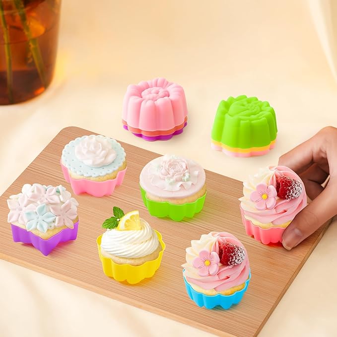 R HORSE 42 Pack Silicone Molds Cupcake 2 Inch Mini Size Multi Flower-Shaped Baking Cups Non-Stick Donut Wrapper Mold Muffin Liners Washable for Desserts Ice Creams Puddings Donut Supply Party
