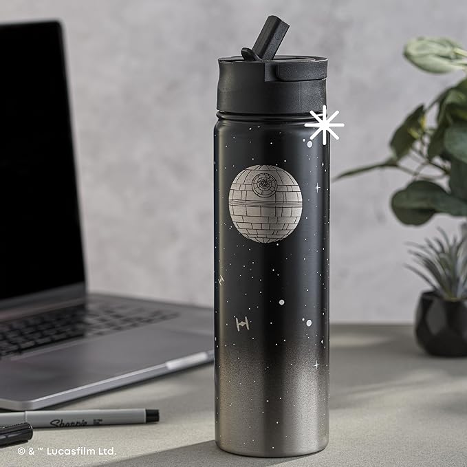 JoyJolt Stainless Steel 22 oz Star Wars Water Bottle with Straw Lid, BPA-Free Sports and Travel Vacuum Insulated Water Bottle, Destination Collection Death Star Bottle, Star Wars Gifts