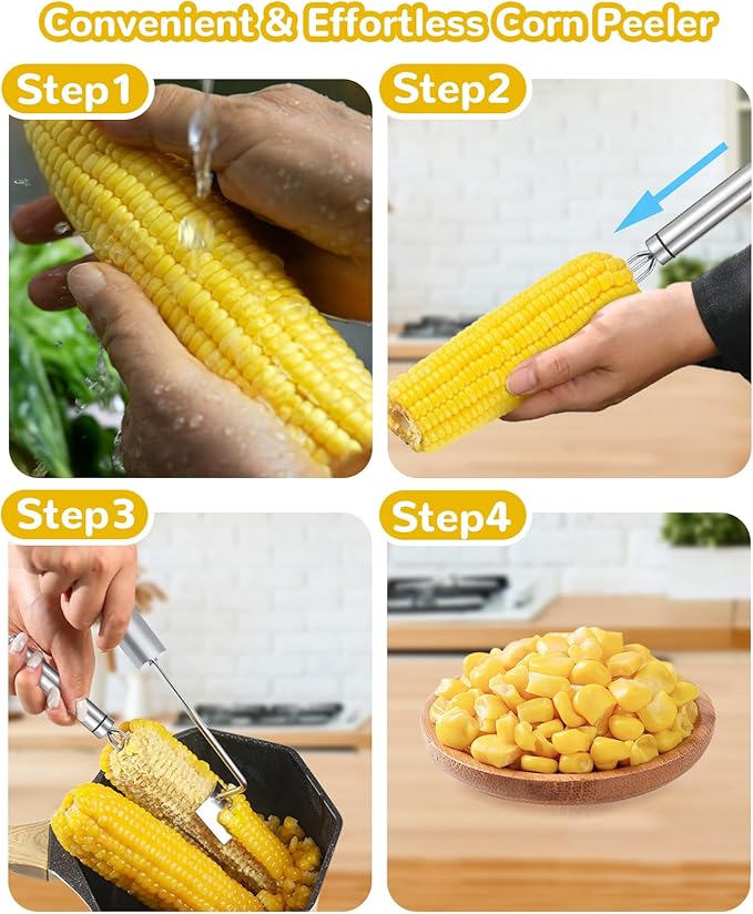 Corn Cob Stripper Kit, Corn Peeler for Corn on the Cob Stainless Steel Corn Stripping Non-Slip Corn Grip Fork Fast and Safe, Suitable for Home Kitchens, Restaurant Chefs, Outdoor Dining Enthusiasts