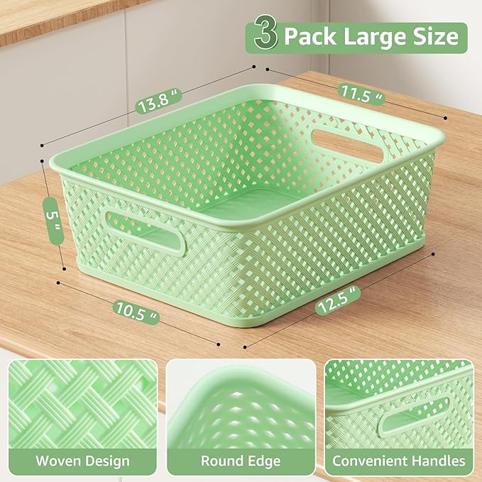 MaxGear Organization and Storage 3 Packs, Plastic Bins Organizer Bins, Woven Baskets for Storage, Plastic Baskets with Handles, Green Basket for Organizing, Basket Organizer for Home and Office, Large