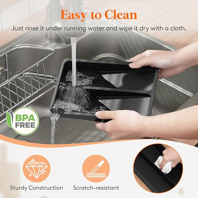 Lifewit Compact Silverware Organizer for Kitchen Drawer, Narrow Flatware Tray Holder, Plastic Cutlery Spoons, Forks and Knives Storage, Black, 1 Pack