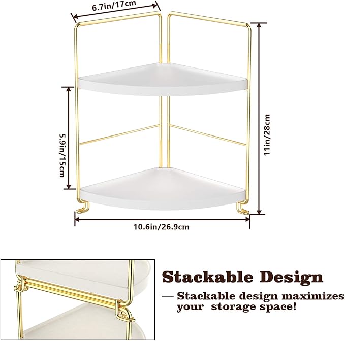 2-Tier Kitchen Spice Rack-Corner Bathroom Shelf- Triangle Standing Storage Rack for Bathroom, Living Room, Bedroom, Kitchen (Golden)