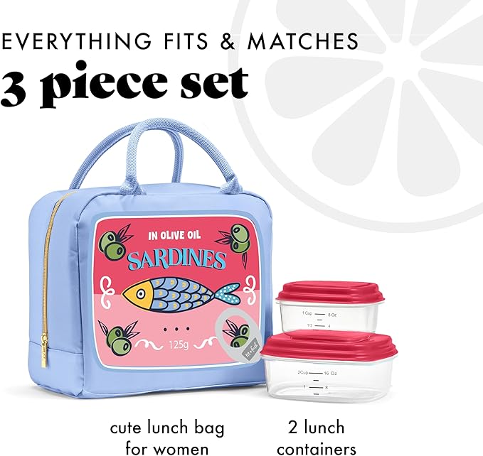 Fit & Fresh Bloomington Lunch Bag for Women - Insulated Large Lunch Box for Work with Containers, Leak-Resistant, Stain-Resistant, Zipper Closure, Rose Sardines