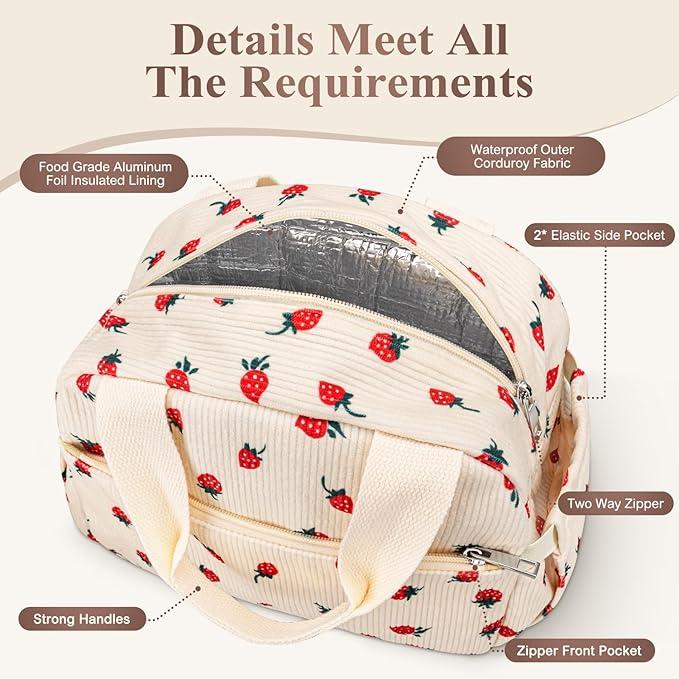 Lunch Bag Lunch Box for Women Adults Men, Cute Strawberry Corduroy Insulated Reusable Work Leakproof Simple Large Lunch Boxes Tote Bag Cooler Bag