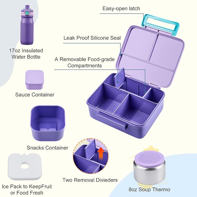 Bento Lunch Box for Kids with 8oz Soup Thermo, Leak-proof Lunch Food Containers with 5 Compartment, Insulated Lunch Bag & 17oz Stainless Steel Water Bottle for School, Trvael