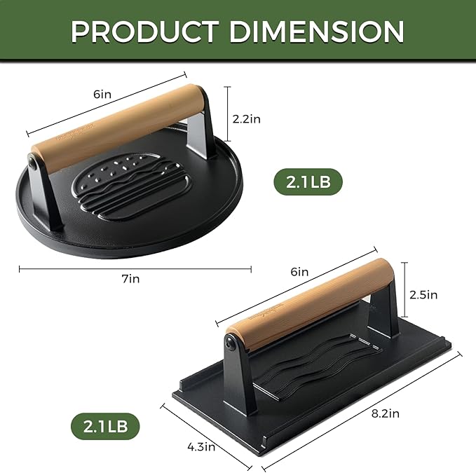 Cast Iron Smash Burger Press (2PCS),Grill Bacon Meat Press Tool,Perfect for Blackstone, Camp Chef, Weber Grills & Indoor Griddles – BBQ & Cookout Must-Have (Round & Rectangle -Grooved)