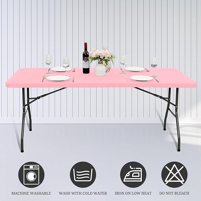 6 Pack Fitted Tablecloth for 8 Foot Rectangle Tables, Pink Elastic Outdoor Picnic Table Cover, Washable Stretch Folding Table Cloths 8 ft for Camping Party Patio Kitchen Banquet, 30" W x 96" L