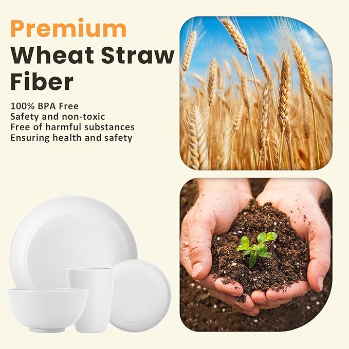 Homienly KItchen Wheat Straw Dinnerware Set, Alternative to Plastic Plates and Bowls Sets, Unbreakable Lightweight Dishes Set for 8 - Plate Set, Soup Bowls, Drinking Glasses for KItchen, Party - White