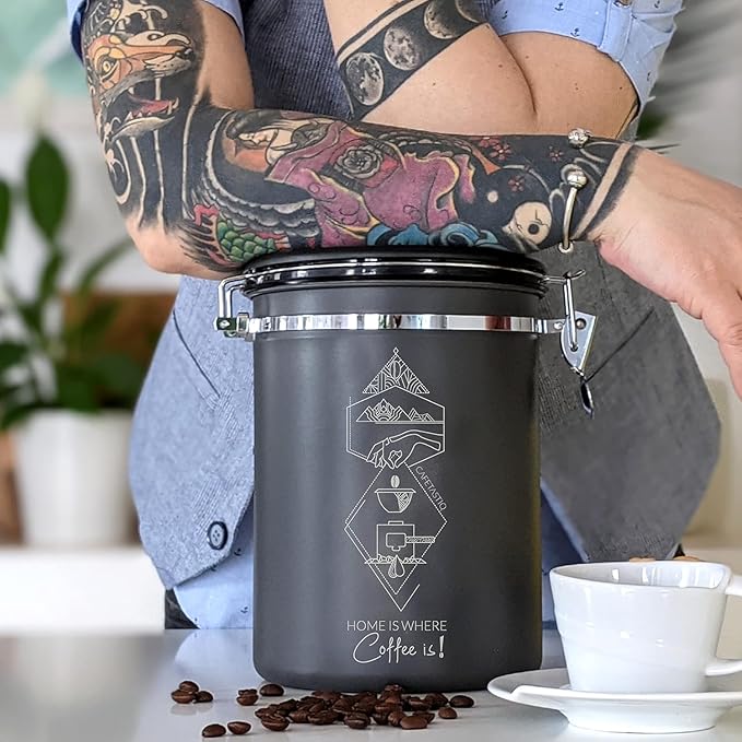 Coffee Canister – Airtight Stainless Steel Storage Container with Date Tracker & Scoop, Sealed Jar for Grounds, Beans, Tea, Flour, Cereal, and Sugar (Gray Home, 22OZ)