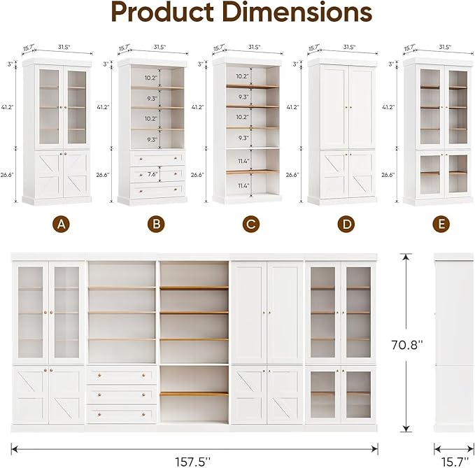 70.8" Tall Farmhouse Kitchen Pantry Cabinet with Glass Doors, Modular Wooden Storage Cabinet with 6-Tier Adjustable Shelves, Hutch for Kitchen or Living Room, Set of 3, White