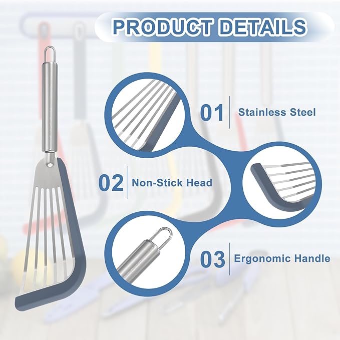 uxcell Stainless Steel Fish Spatulas with Handle Kitchen Cooking Spatula for Egg, Fish, Pancake Blue