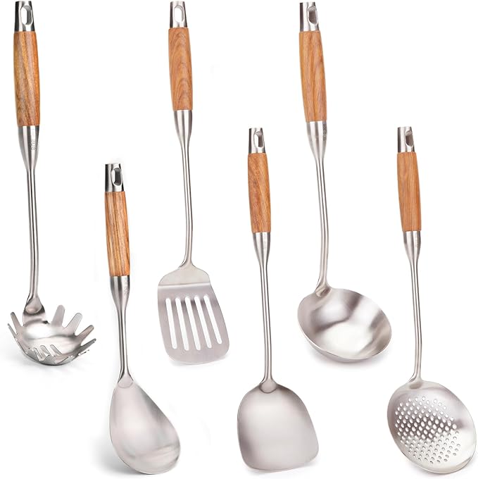 FJNATINH Wok Utensils for Carbon Steel, Stainless Steel Wok Spatula Metal Set, 6-Pieces 13-15 Inch Extra Long, Wok Tools Professional Set, Wooden Handle Skimmer, Soup Ladle, Slotted Turner
