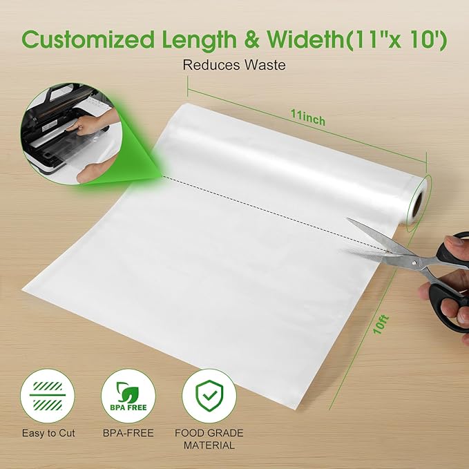 3Pack 11" x 10' Vacuum Sealer Bags Rolls,BPA Free,Heavy Duty,Leak-proof, Puncture Prevention,Freezer & Sous Vide Safe,Compatible with all vacuum sealer machines