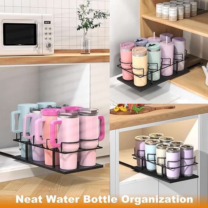 Housolution Pull Out Water Bottle Organizer for Cabinet, Slide Out Tumbler Storage Organizer for 10 to 40 oz Cups, Sliding Cup Holder Rack Compatible with Stanley, Owala and Other Brands, Black