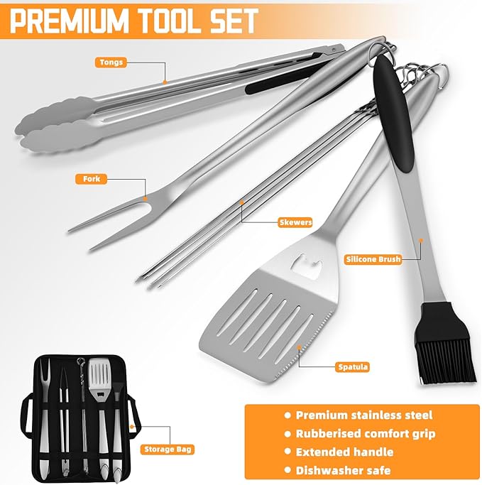 9PCS Stainless Steel Grill Accessories Set, Grilling Gifts for Men Dad Birthday Christmas, Durable BBQ Grill Tools Kit for Outdoor Grill & Camping with Portable Bag, Spatula, Tongs, Skewer & More
