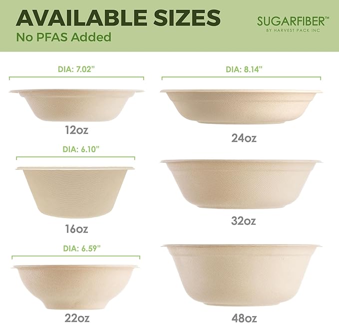 [500 COUNT]Sugarfiber by Harvest Pack PFAS FREE 24oz Round Soup Paper Bowls - Compostable Heavy-Duty Eco-Friendly Disposable Bagasse Bowl sugarcane made plant fibers for Meal Prep