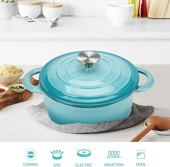 Cast Iron Dutch Oven, 3 QT Round Dutch Oven Pot with Self Basting Lid for Home Baking, Braiser, Cooking, Great Christmas Gifts for Family,Teal