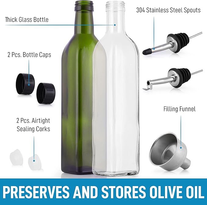 Zulay Kitchen 2-Pack 17oz Olive Oil Dispenser Bottle Set - Glass Bottles with 2 Spouts, 2 Removable Corks, 2 Caps, & 1 Funnel - Oil Bottle for Kitchen & Storing Liquids