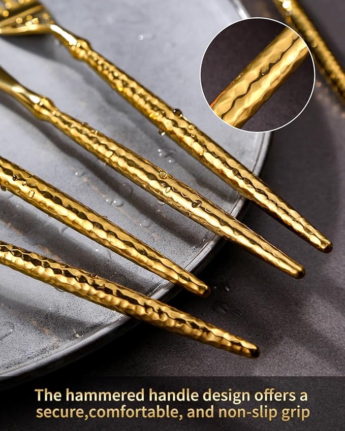 Lemeya 20-Piece Hammered Gold Silverware Set,18/10 Stainless Steel Forging Heavy Duty Cutlery Set for 4, Luxury Unique Flatware Set,Spoons and Forks Set,Mirror Polished,Dishwasher Safe