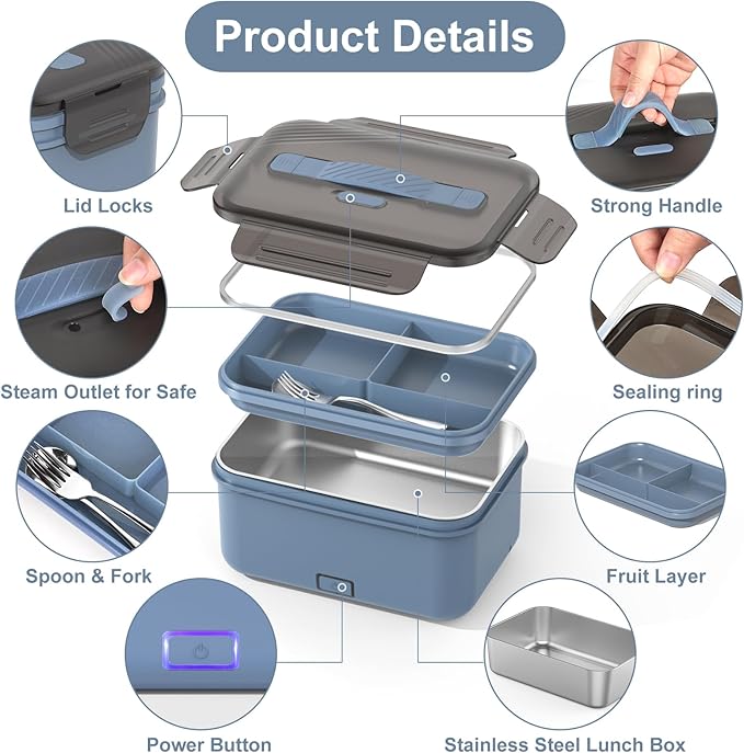 Electric Lunch Box Food Heater 100W, 4 in 1 Ultra Quick Heated Lunch Boxes for Adults 12V/24V/110V/220V Portable Food Warmer for Car/Truck/Office With Fork Spoon and Insulated Carry Bag