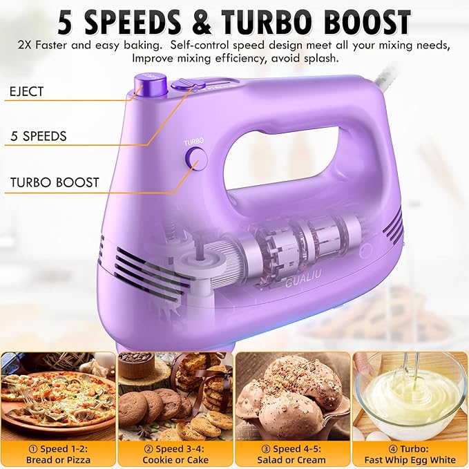 Electric Hand Mixer with Stainless Steel Whisk, Dough Hook Attachment and Storage Bag, Handheld Mixer for Baking Cakes, Eggs, Cream Food Mixers. Turbo Boost /5 Speed Kitchen Blender PURPLE