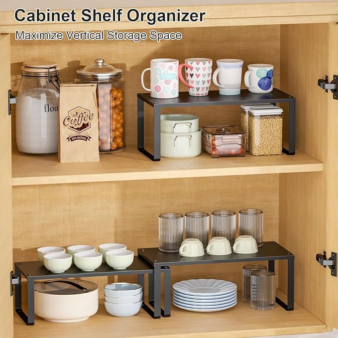 15.75" Long Stackable Expandable Metal Shelf Organizer For Kitchen Cabinet Counter Storage, Set of 2 Small Metal Storage Shelves Spice Rack For Kitchen Cupboard Countertop,Sturdy, 30LBS Heavy Duty