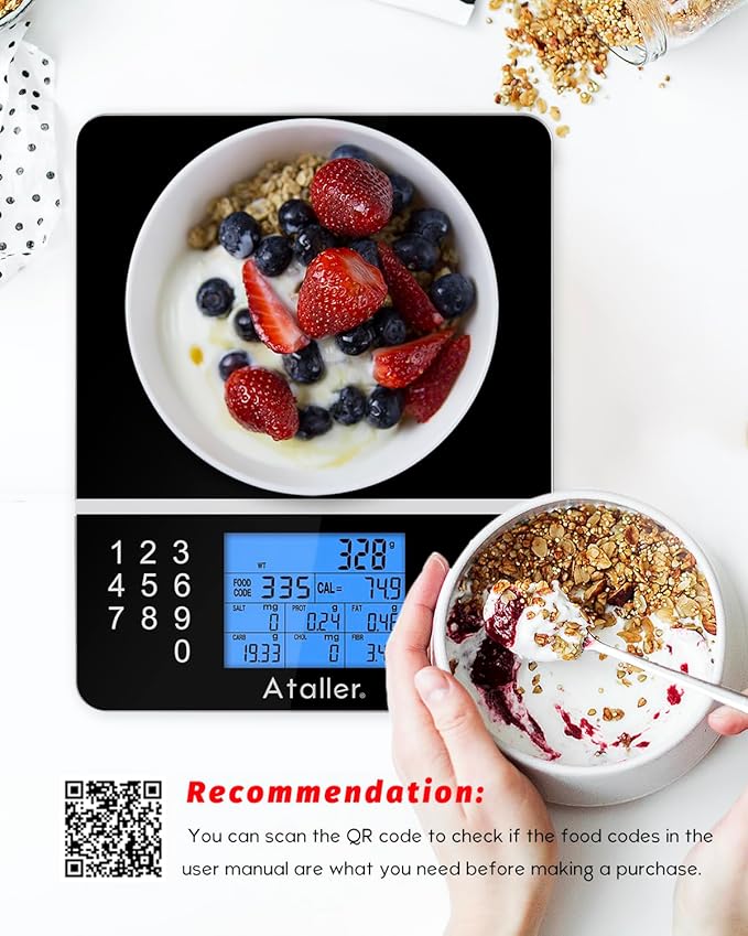 Ataller Food Scale with Nutritional Calculator, Kitchen Diet Scale, Digital Food Calorie Counting Scale for Meal Prep, Kitchen, Baking, Weight Loss, Resolution 1g, Max 5kg 11Ib, Tempered Glass, Black