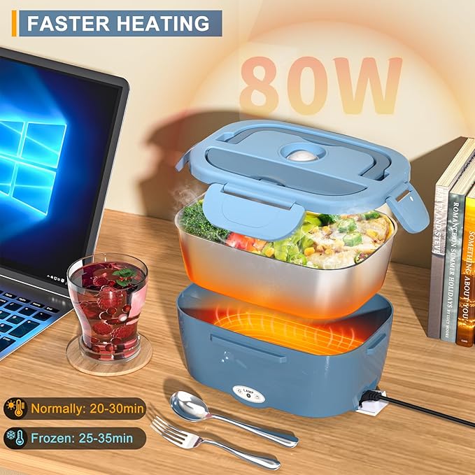 Monteka Electric Lunch Box Food Heater - Leakproof Portable Food Warmer heated lunch box for adults for Car/Home/Truck with 1.5L Removable Stainless Steel Container, 12V/24V/110V, Blue