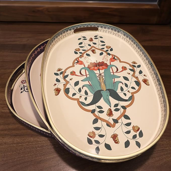 Oval Plastic Serving Tray with Handles, Elegant Decorative Tray for Coffee Table, Ottoman, Living Room, Kitchen, Outdoor Use. 10"*16"*1.4" A