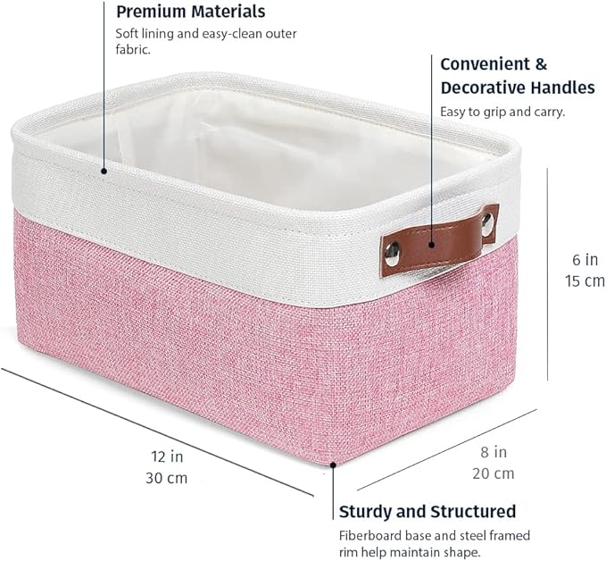 OrganiHaus Small Fabric Storage Baskets for Shelves 3 Pack, 12x08in Closet Storage Bins for Shelves, Canvas Baskets for Organizing, Linen Closet Organizers, Cloth Basket, Pink/Off-White