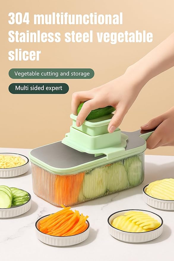 Multifunctional Mandoline food Slicer & Vegetable Chopper with Container – 6-in-1, mandolin, Cutter, Grater, Potato Slicer, Tomato Cutter, Cabbage Shredder & Fruit/Veggie Shredder -Safe & Easy to Use