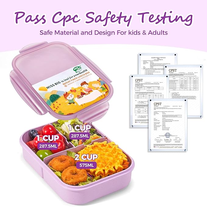 MISS BIG Lunch Box Kids, Leak Proof Lunch Containers, Mom’s Choice No BPAs and No Chemical Dyes Bento Box for Kids,Microwave and Dishwasher Safe Lunch Box (Purple M)