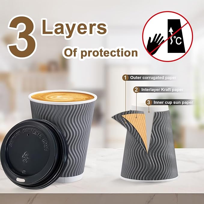 500 Pack Coffee Cups with Lids 12oz, Disposable Insulated Ripple Wall To Go Paper Coffee Cups for Hot/Cold Drinks Office Home Shop Event (Grey)