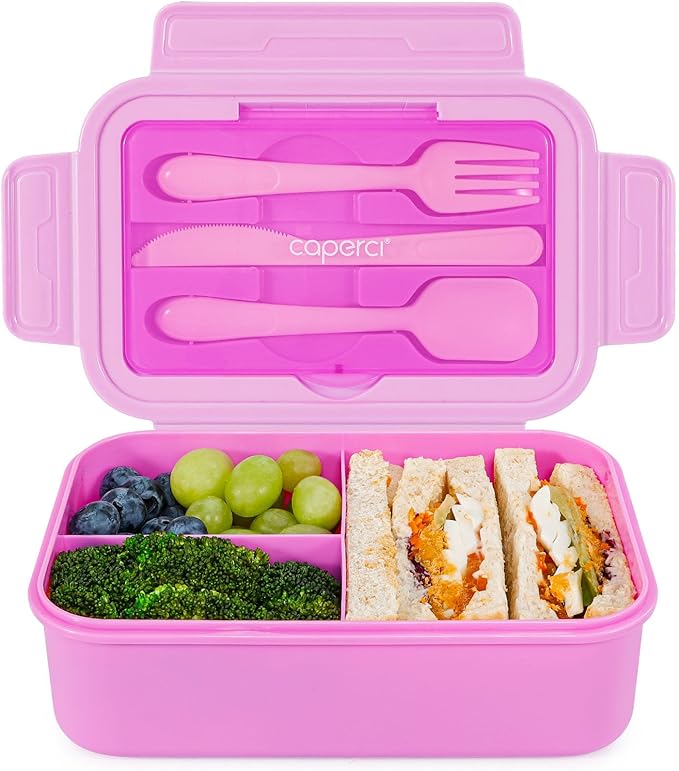 Caperci Classic Bento Box Adult Lunch Box for Older Kids - Leakpoof 47 oz 3-Compartment Lunch Containers for Adults and Teens, Built-in Utensil Set, Ideal for On-the-Go Balanced Eating, Vivid Orchid