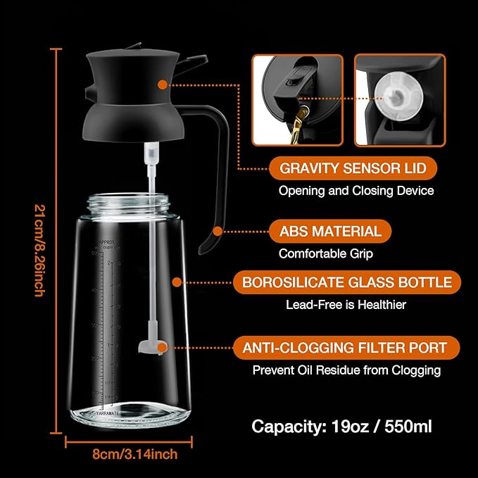 YARRAMATE Large Capacity 2 in 1 Oil Sprayer for Cooking with Measuring, 18oz/550ml Olive Oil Dispenser for Kitchen, Food-grade Oil Spritzer Bottle for Air Fryer, Salad BBQ (Black)