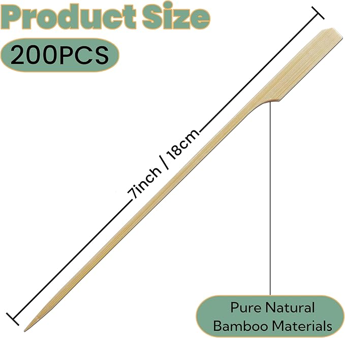 7 Inch Bamboo Skewers for Grilling 200PCS Kabob Skewers Wood Paddle Flat Bamboo Sticks for Fruit, BBQ, Kitchen (7 Inch)